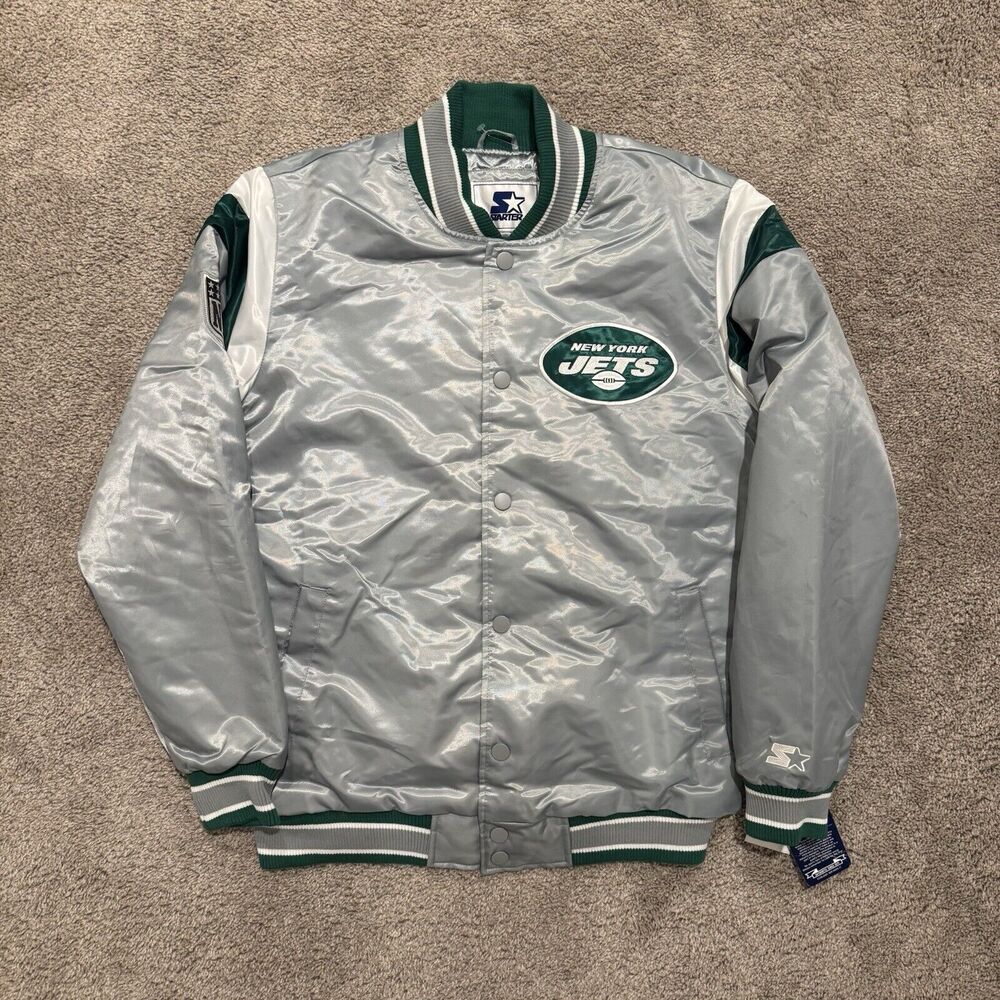 Men’s New York Jets Vintage Starter Snap Button Satin Bomber Jacket Size Large